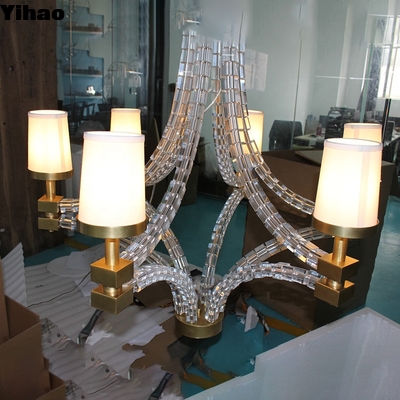 購入 Handmade Brass 6-Light Chandelier with White Fabric Shades オンライン製造